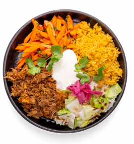 „Burrito Bowl“ su plėšyta kiauliena „Pibil“